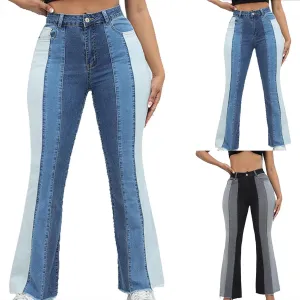 Women's Vintage Y2K Streetwear High Waist Patchwork Flare Jeans Classic Stretchy Wide Leg Trousers Casual Denim Pants