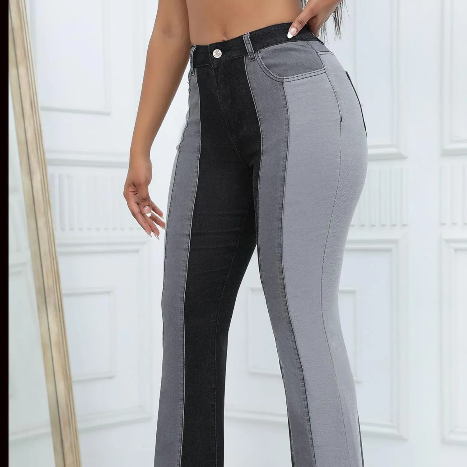 Women's Vintage Y2K Streetwear High Waist Patchwork Flare Jeans Classic Stretchy Wide Leg Trousers Casual Denim Pants