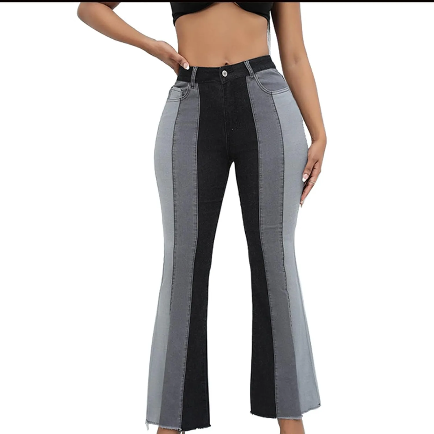 Women's Vintage Y2K Streetwear High Waist Patchwork Flare Jeans Classic Stretchy Wide Leg Trousers Casual Denim Pants