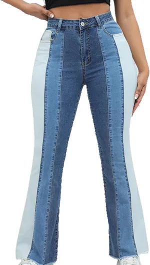 Women's Vintage Y2K Streetwear High Waist Patchwork Flare Jeans Classic Stretchy Wide Leg Trousers Casual Denim Pants