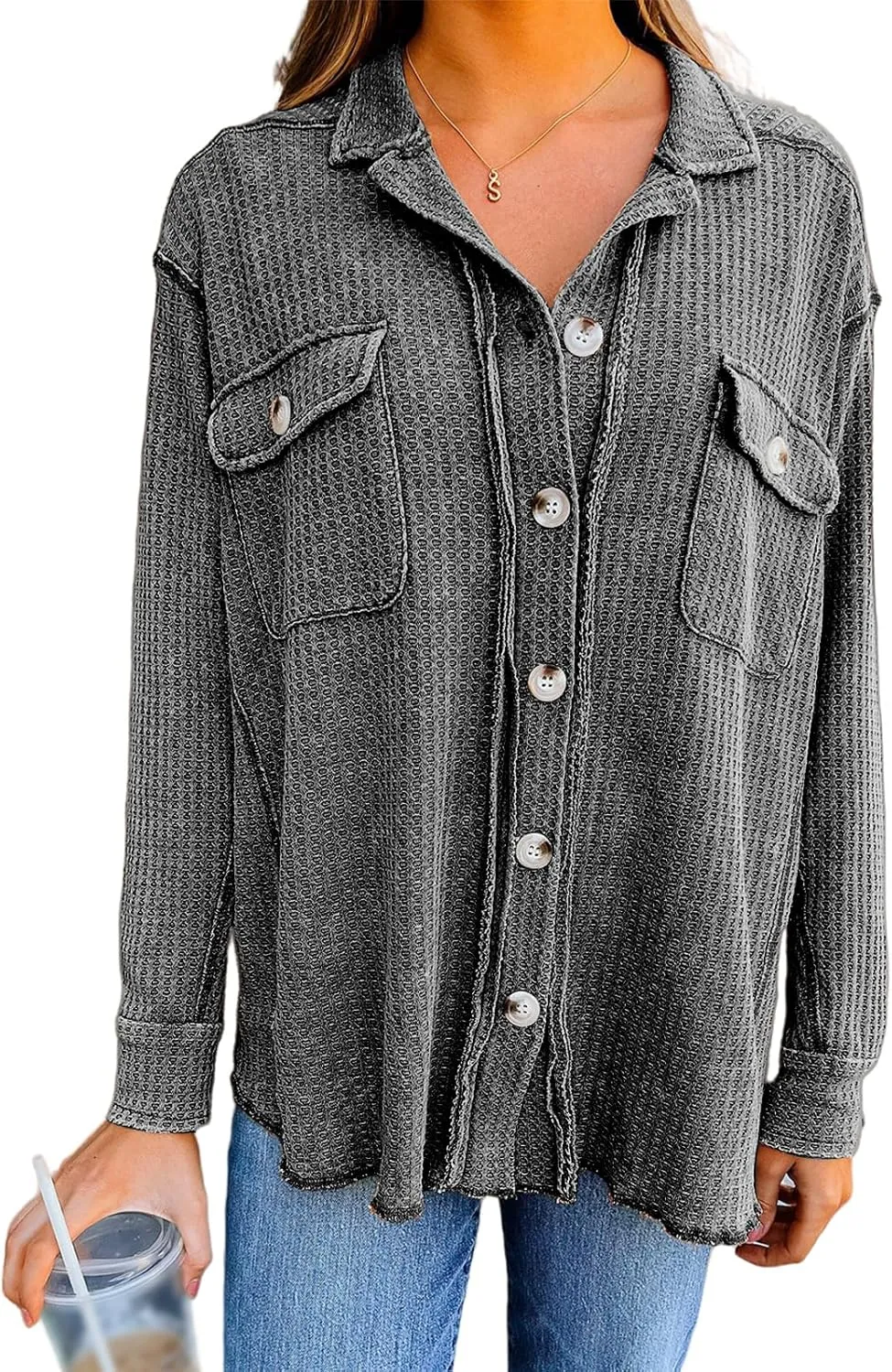 Womens Waffle Knit Jacket Oversized Casual Long Sleeve Blouse Button Down Lapel Distressed Shirt Lightweight Top