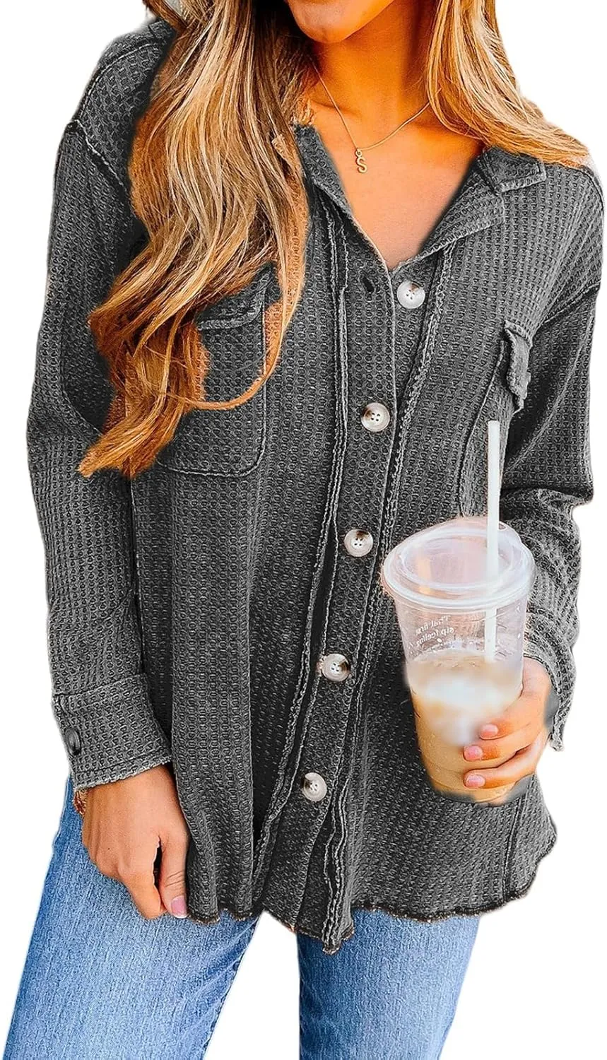 Womens Waffle Knit Jacket Oversized Casual Long Sleeve Blouse Button Down Lapel Distressed Shirt Lightweight Top