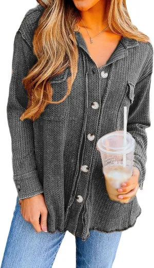 Womens Waffle Knit Jacket Oversized Casual Long Sleeve Blouse Button Down Lapel Distressed Shirt Lightweight Top