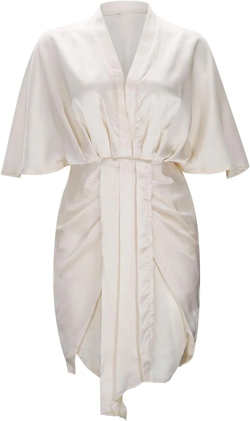 Womens Wrap V Neck Dresses Ruffle Sleeve Belted Plain Ruffle Hem Mini Dress Travel Outfits Wedding Guest Dress