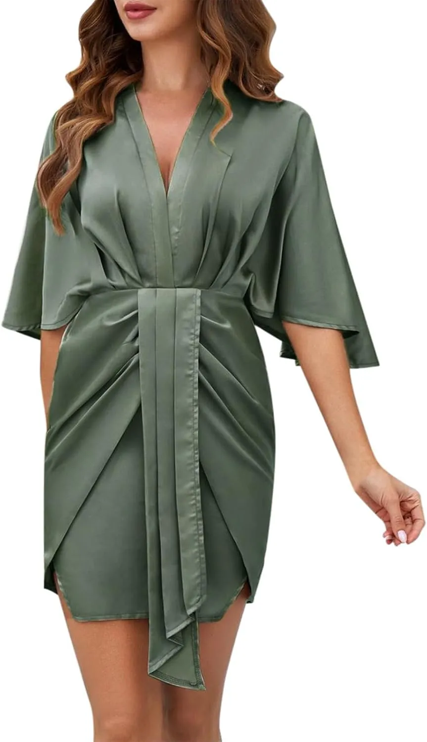 Womens Wrap V Neck Dresses Ruffle Sleeve Belted Plain Ruffle Hem Mini Dress Travel Outfits Wedding Guest Dress