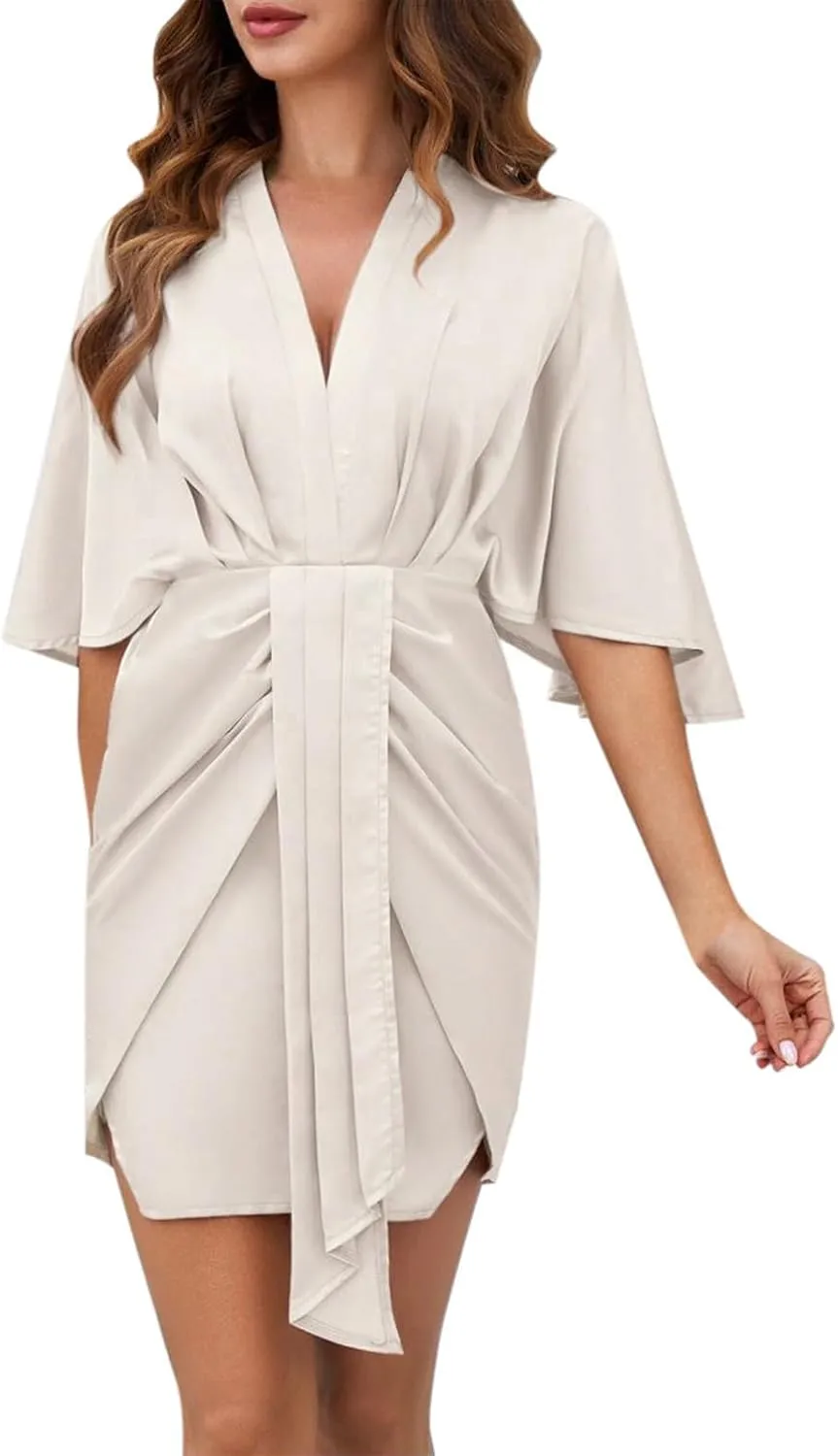 Womens Wrap V Neck Dresses Ruffle Sleeve Belted Plain Ruffle Hem Mini Dress Travel Outfits Wedding Guest Dress