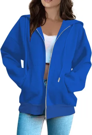 Womens Zip Up Hoodies Solid Color Long Sleeve Sweatshirts Casual Loose Lightweight Jacket with Pockets