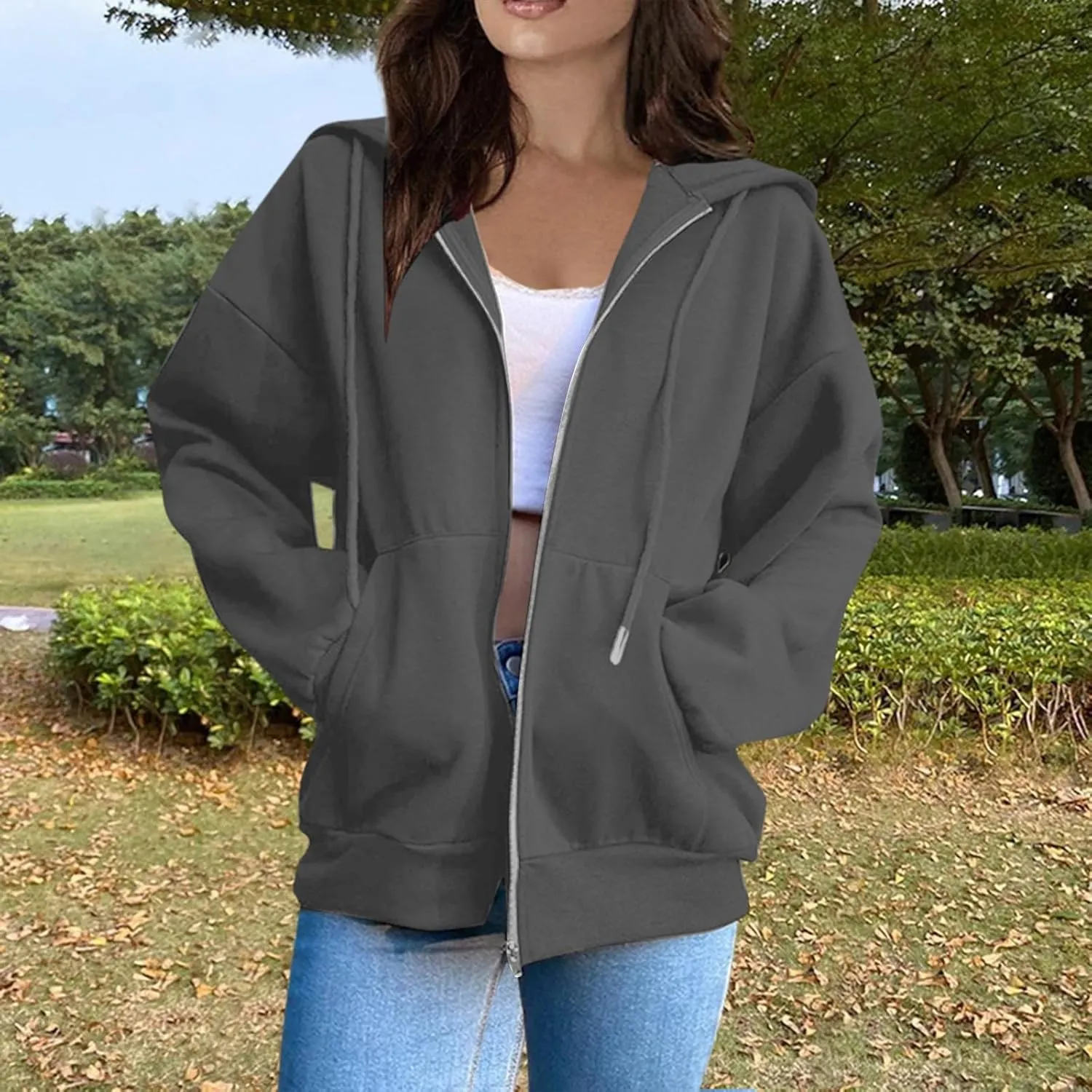 Women's Zip Up Y2K Hoodies Casual Long Sleeve Track Jackets With Pockets Fashion Vintage Oversized Loose Fit Hoodies