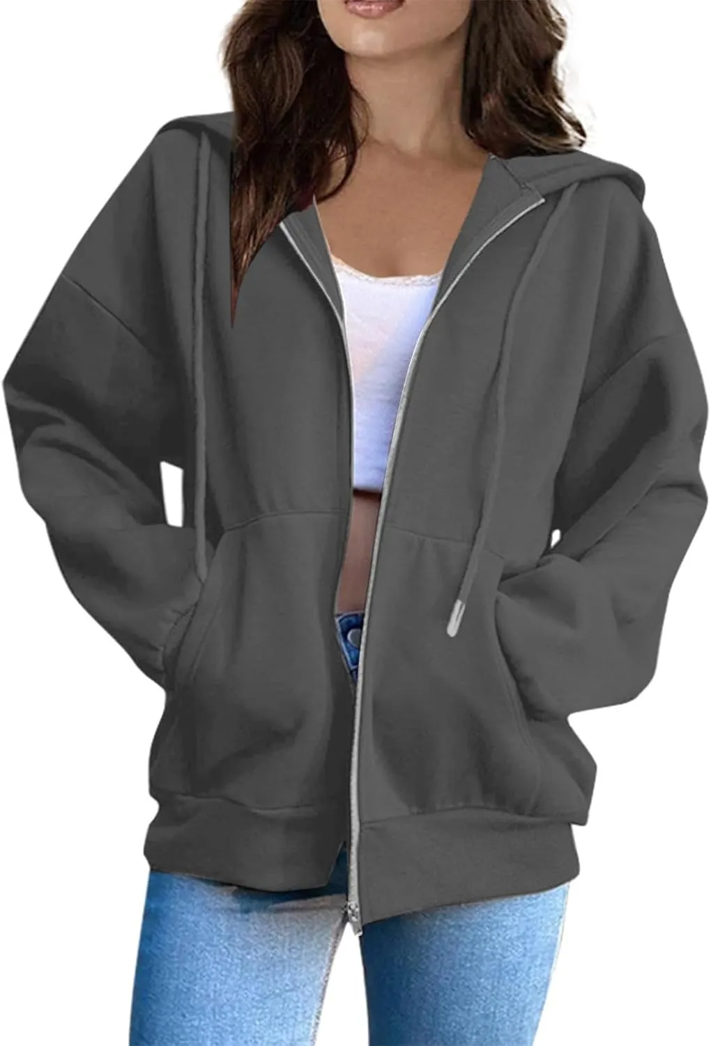 Women's Zip Up Y2K Hoodies Casual Long Sleeve Track Jackets With Pockets Fashion Vintage Oversized Loose Fit Hoodies