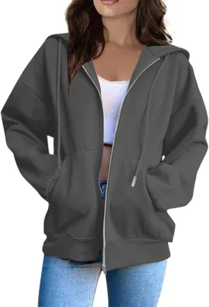 Women's Zip Up Y2K Hoodies Casual Long Sleeve Track Jackets With Pockets Fashion Vintage Oversized Loose Fit Hoodies