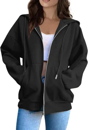 Women's Zip Up Y2K Hoodies Casual Long Sleeve Track Jackets With Pockets Fashion Vintage Oversized Loose Fit Hoodies