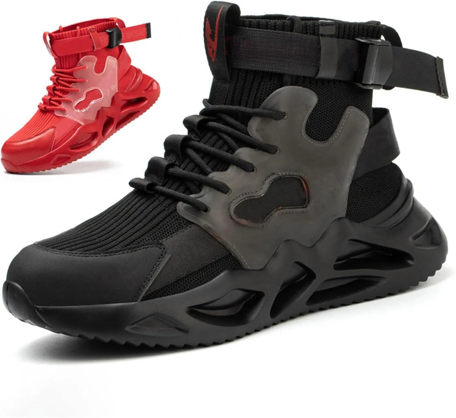 Work Sneakers for Men Fashion Lace Up High Top Sneakers Non Slip Breathable Lightweight Athletic Shoes Adjustable Buckle Running Shoes