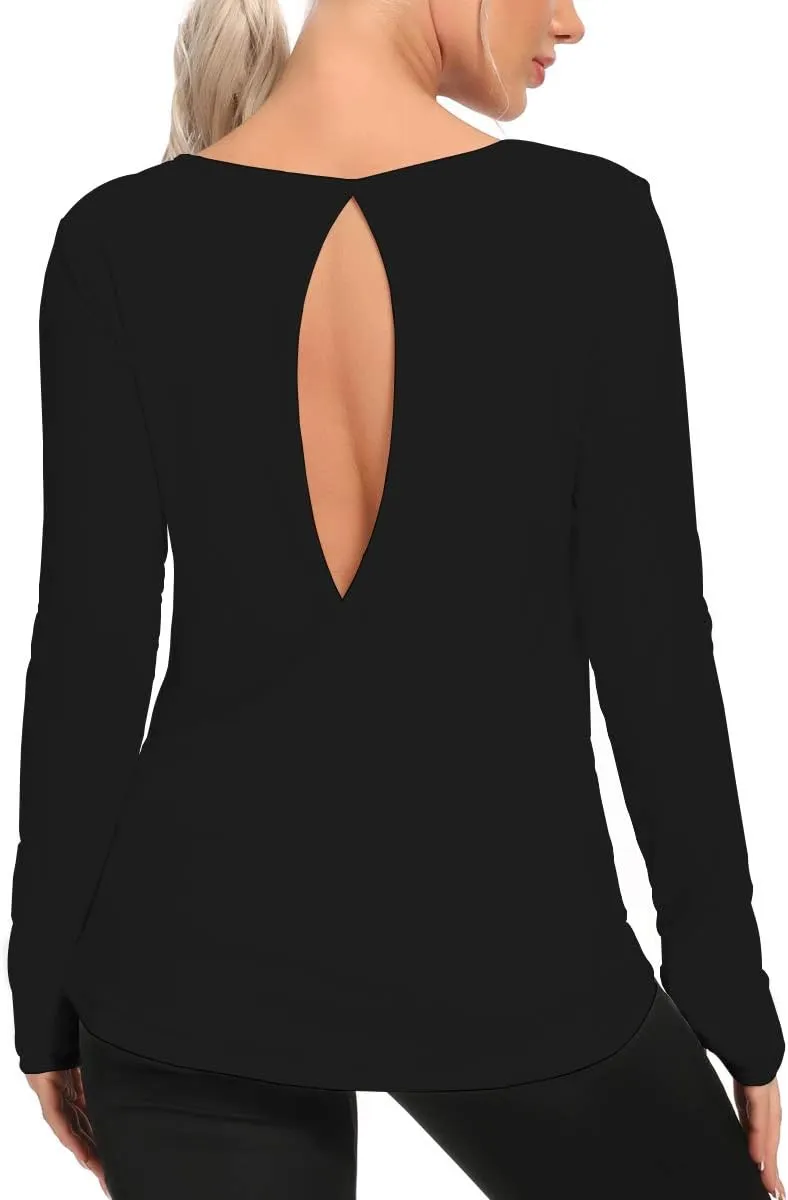 Workout Tops for Women Open Back Long Sleeve Athletic Shirts Thumb Hole Yoga Shirts