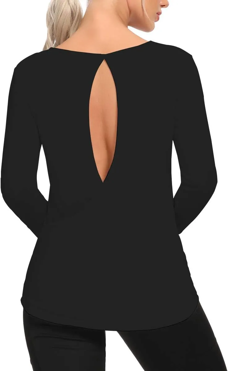 Workout Tops for Women Open Back Long Sleeve Athletic Shirts Thumb Hole Yoga Shirts