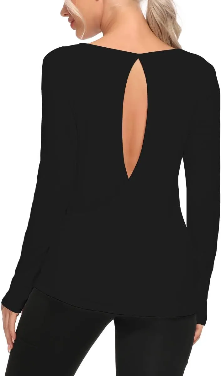 Workout Tops for Women Open Back Long Sleeve Athletic Shirts Thumb Hole Yoga Shirts
