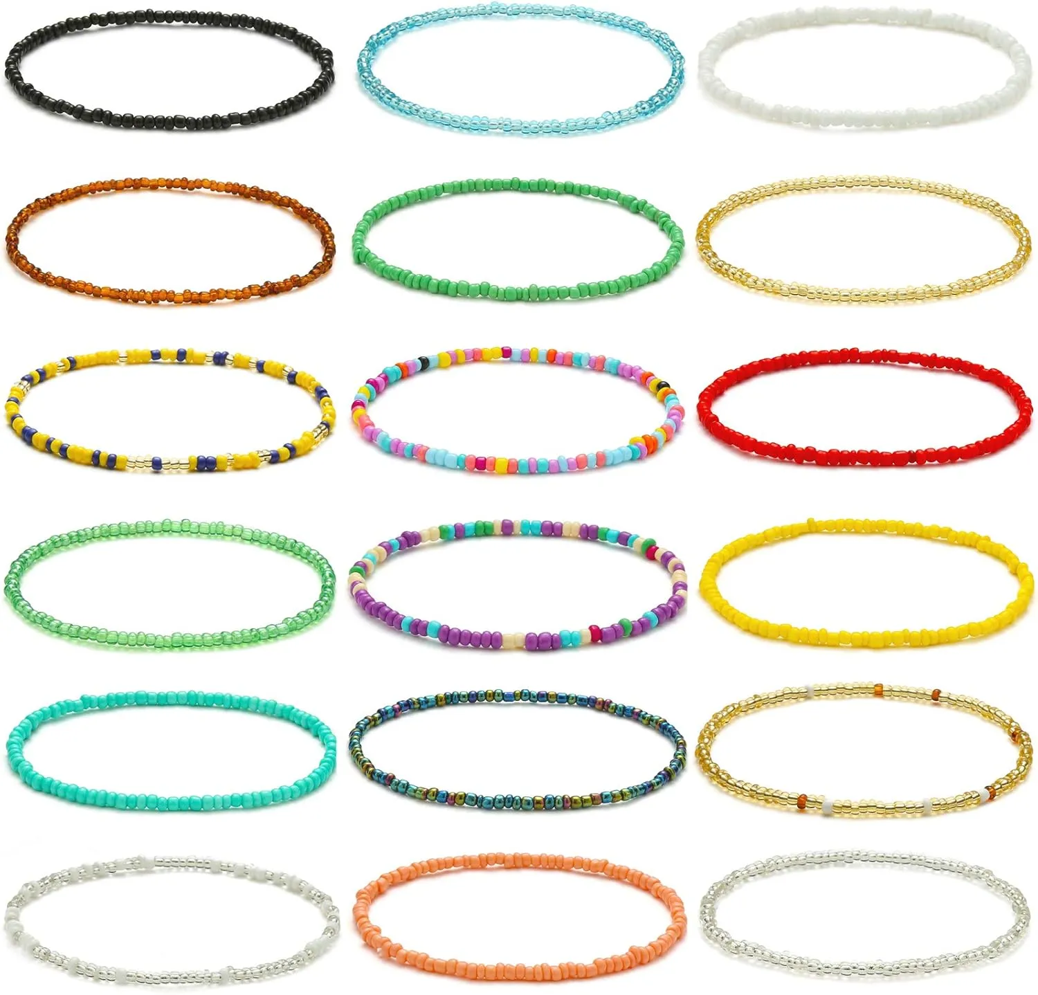 XIJIN 18 Pieces Elastic Beaded Anklets for Women Handmade Beach Boho Colorful Beads Ankle Bracelets Set