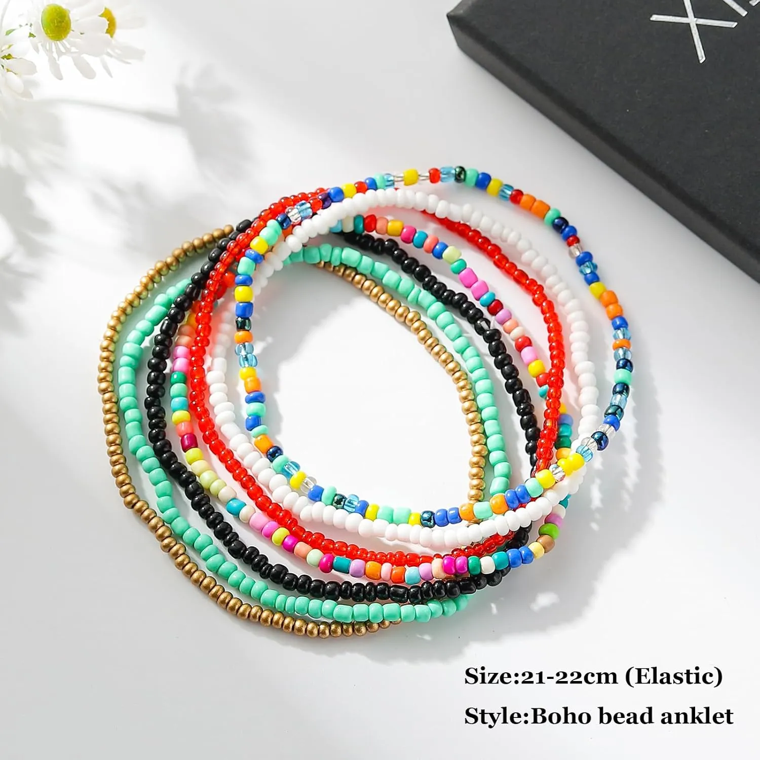 XIJIN 18 Pieces Elastic Beaded Anklets for Women Handmade Beach Boho Colorful Beads Ankle Bracelets Set