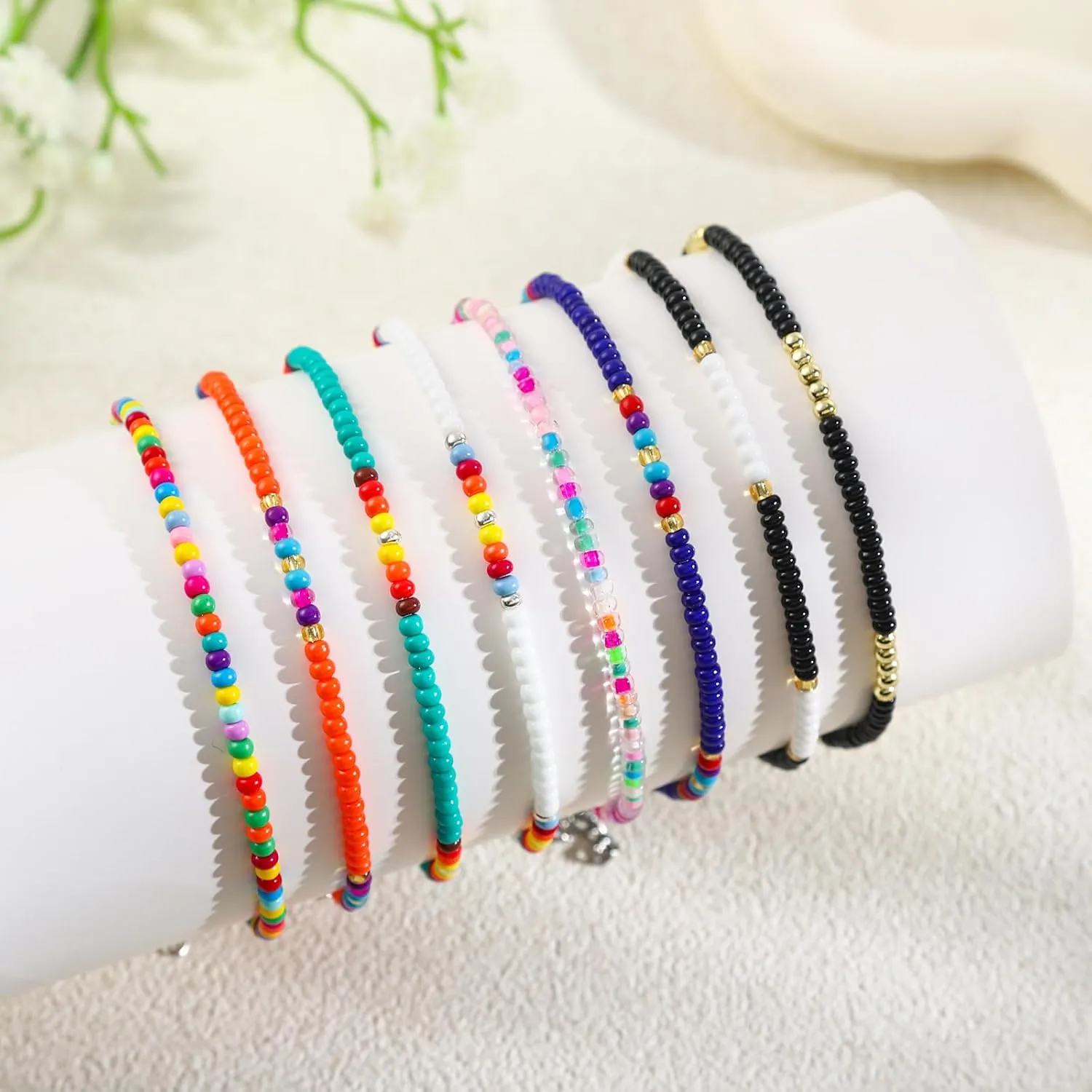 XIJIN 8Pcs Handmade Beaded Anklets for Women Boho Colorful Beads Ankle Bracelets Adjustable Foot Anklet Set