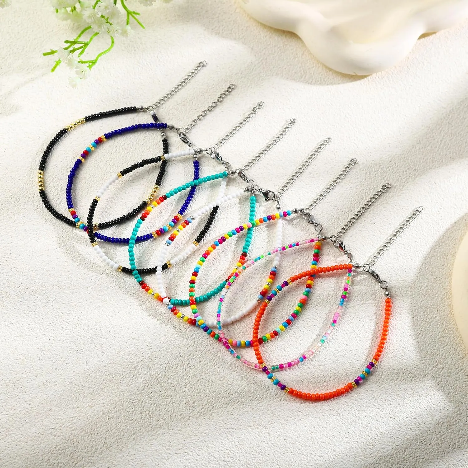 XIJIN 8Pcs Handmade Beaded Anklets for Women Boho Colorful Beads Ankle Bracelets Adjustable Foot Anklet Set