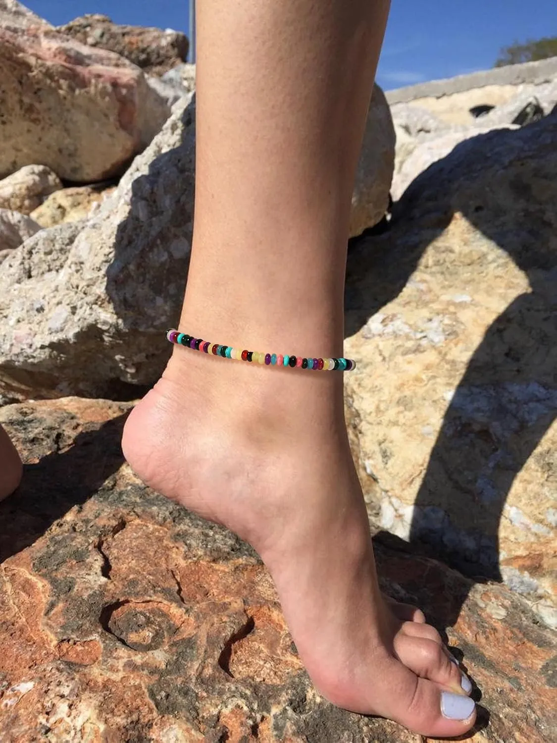 XIJIN Trendy Stone Beaded Anklets for Women, Handmade Beach Colorful Boho Bead Ankle Bracelet Gift for Her