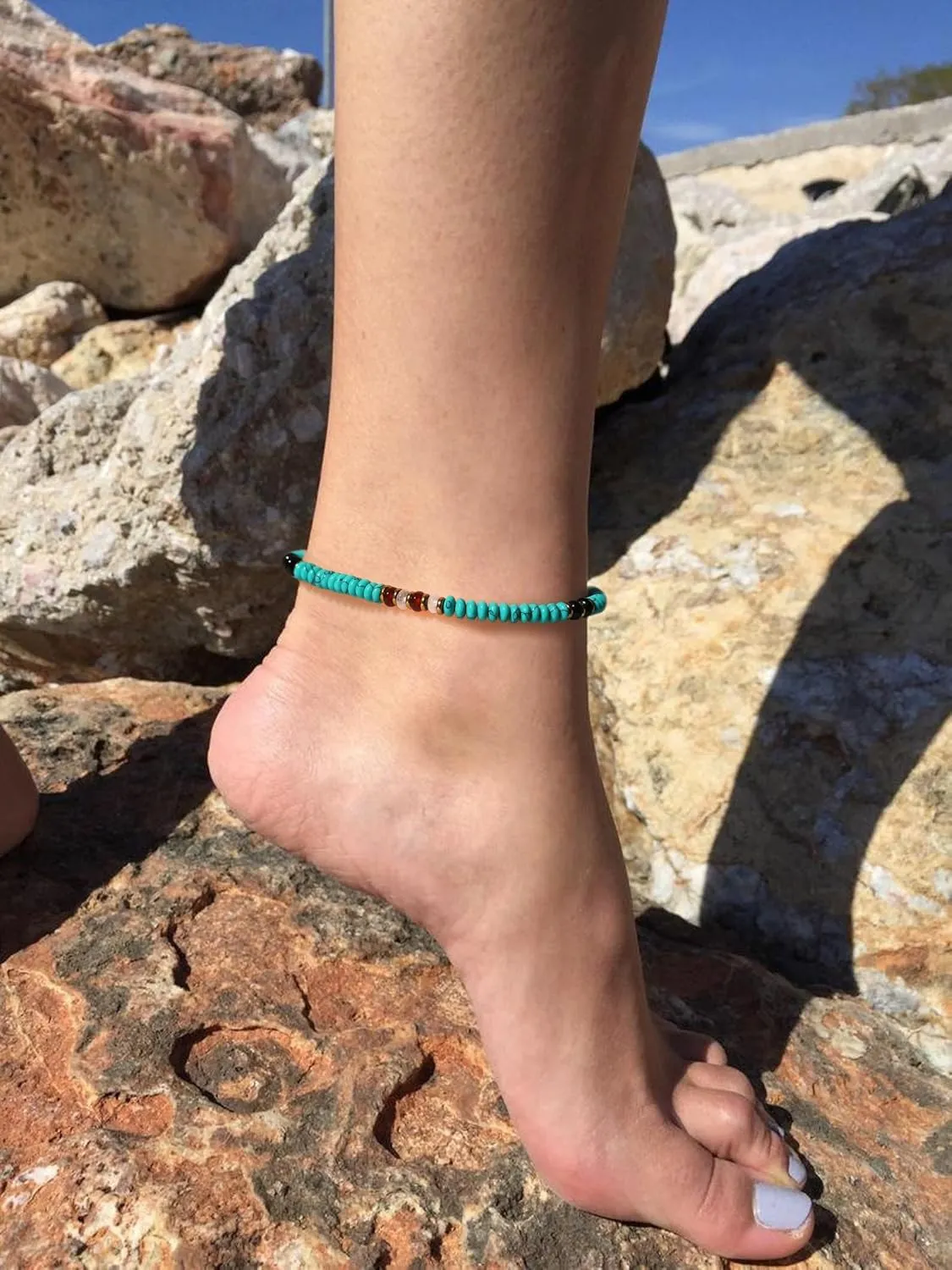 XIJIN Trendy Stone Beaded Anklets for Women, Handmade Beach Colorful Boho Bead Ankle Bracelet Gift for Her