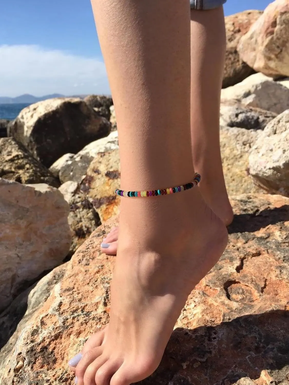 XIJIN Trendy Stone Beaded Anklets for Women, Handmade Beach Colorful Boho Bead Ankle Bracelet Gift for Her