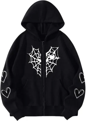 Y2K Hoodies for Women Full Zip Up Print Graphic Pockets Hooded Jacket 90s Long Sleeve Sweatshirt with Hood Grunge Harajuku