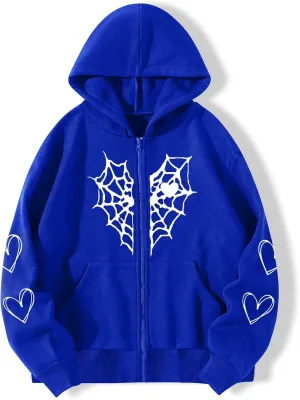 Y2K Hoodies for Women Full Zip Up Print Graphic Pockets Hooded Jacket 90s Long Sleeve Sweatshirt with Hood Grunge Harajuku