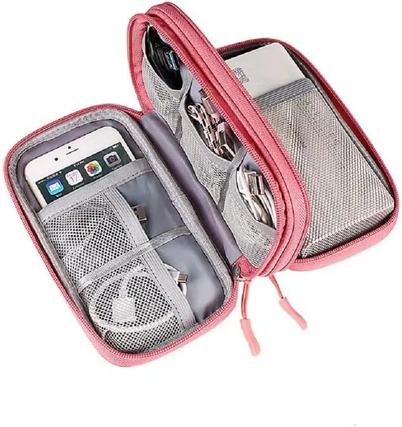 Yiasangly Electronic Organizer Bag, Waterproof Portable Travel Cable Storage Bag, Multifunctional Cord Storage Case for USB Drive, Dard Drive, Power Bank, Charger, Mouse, USB Cable, Headphones - Pink