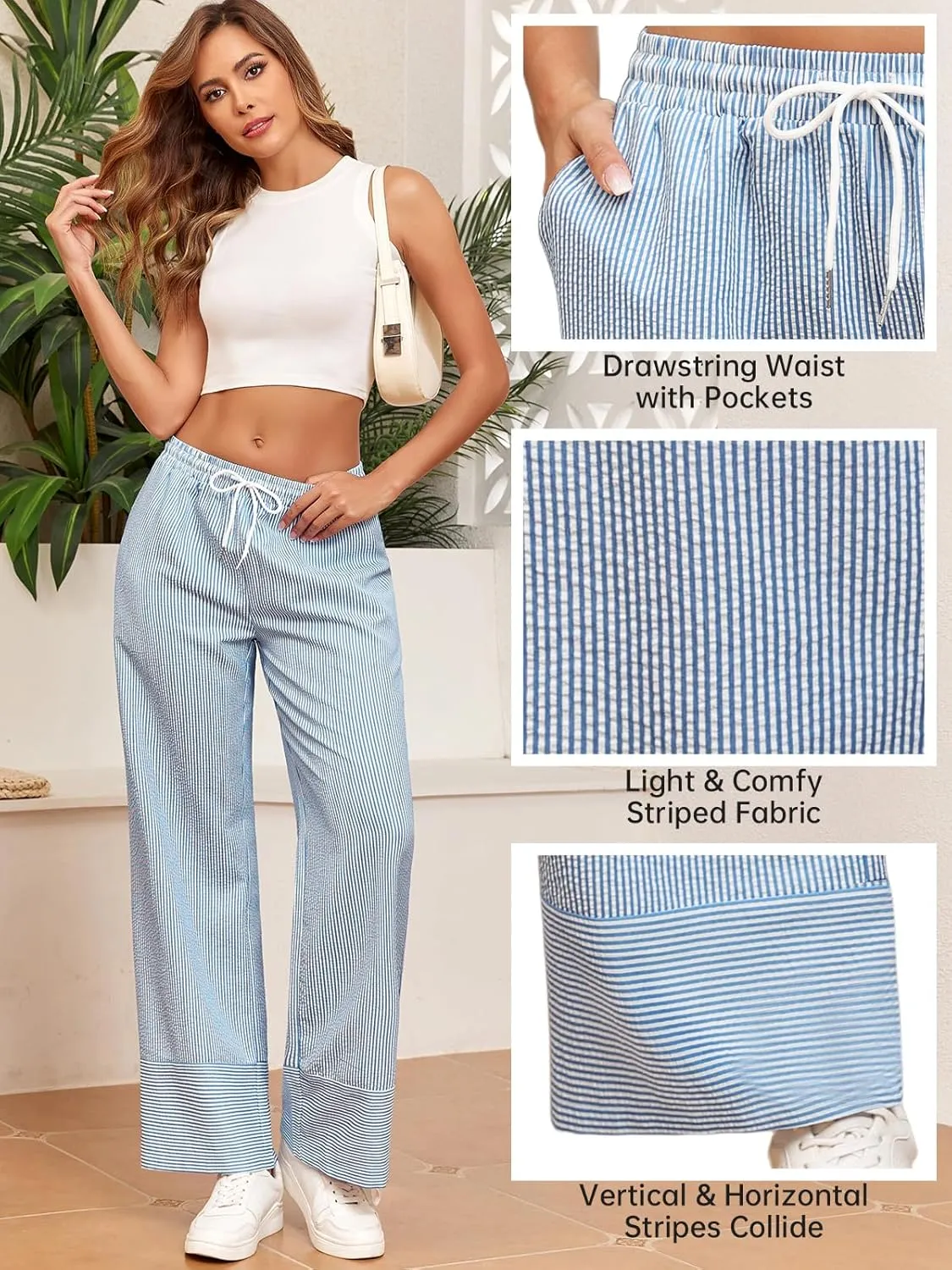 ZAFUL 2025 Womens Striped Linen Pants Cute Vintage Y2K Summer Beach Ankle Pants with Pockets, Comfy PJ Trousers