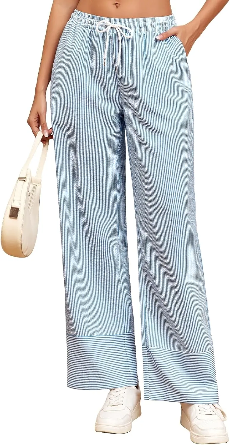 ZAFUL 2025 Womens Striped Linen Pants Cute Vintage Y2K Summer Beach Ankle Pants with Pockets, Comfy PJ Trousers