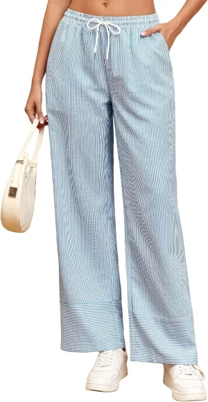 ZAFUL 2025 Womens Striped Linen Pants Cute Vintage Y2K Summer Beach Ankle Pants with Pockets, Comfy PJ Trousers