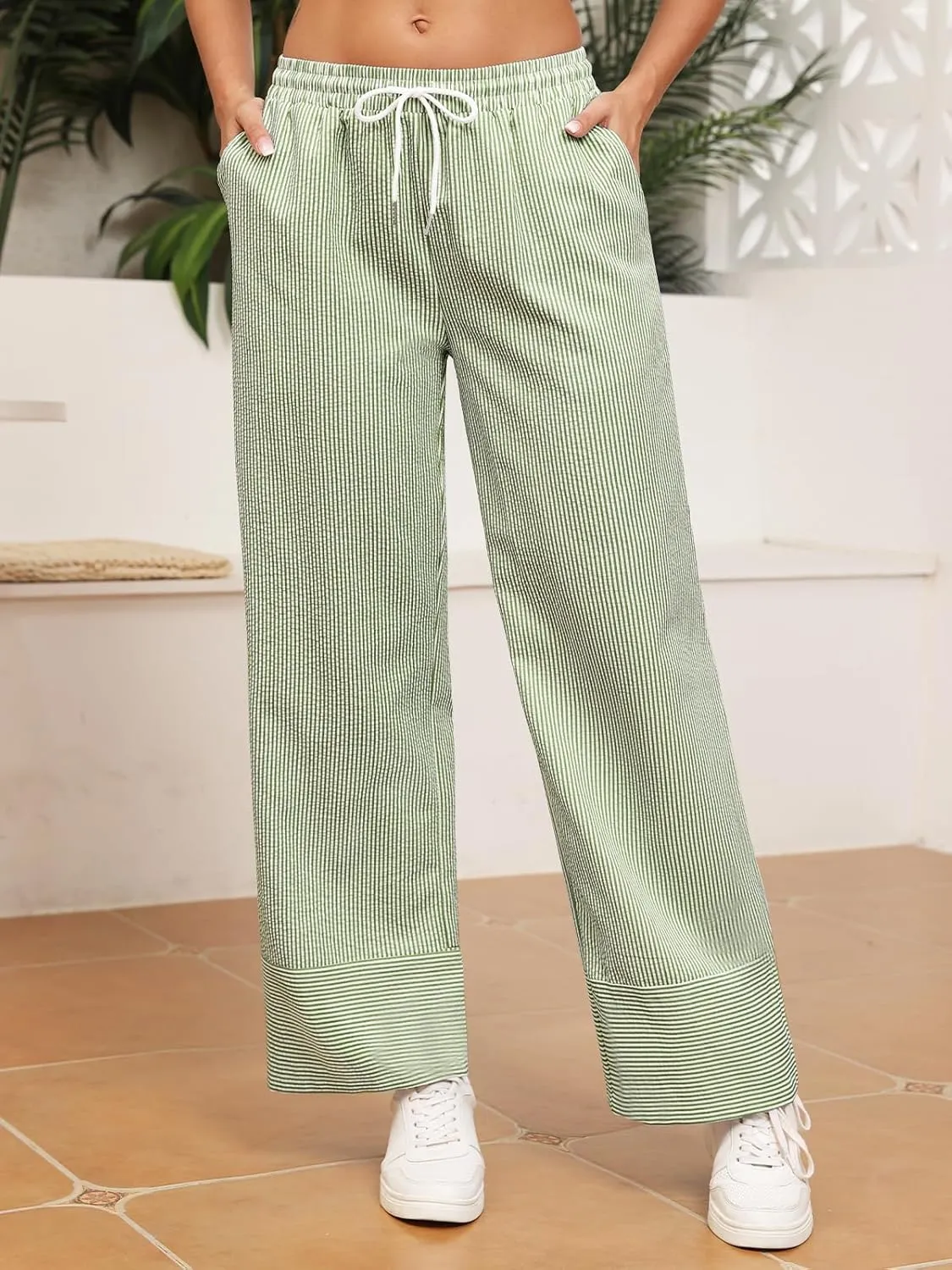 ZAFUL 2025 Womens Striped Linen Pants Cute Vintage Y2K Summer Beach Ankle Pants with Pockets, Comfy PJ Trousers