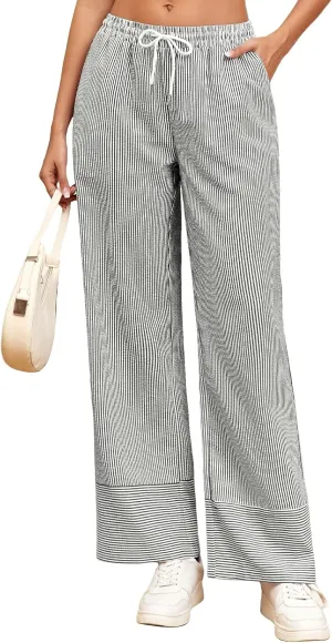 ZAFUL 2025 Womens Striped Linen Pants Cute Vintage Y2K Summer Beach Ankle Pants with Pockets, Comfy PJ Trousers