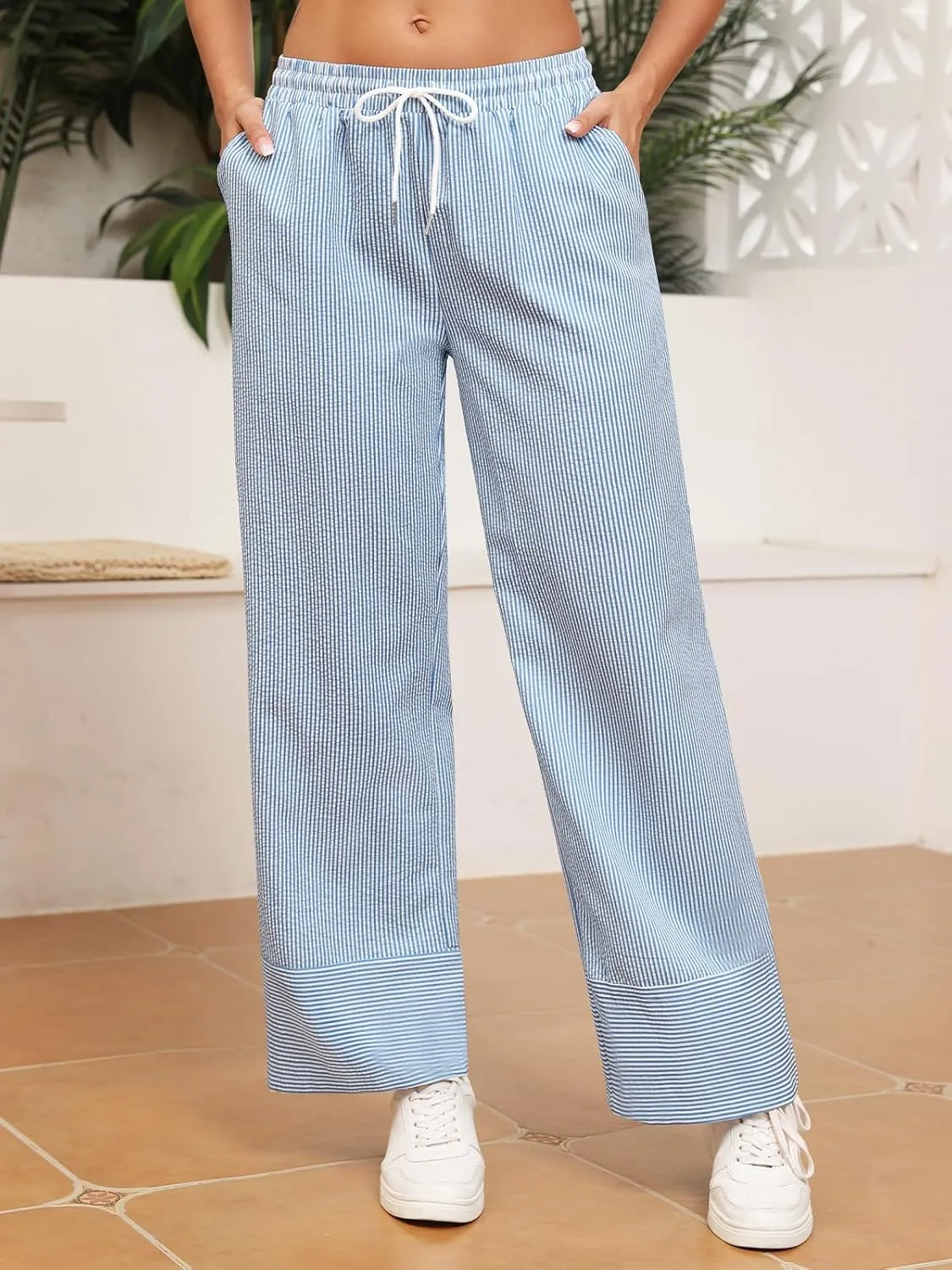 ZAFUL 2025 Womens Striped Linen Pants Cute Vintage Y2K Summer Beach Ankle Pants with Pockets, Comfy PJ Trousers
