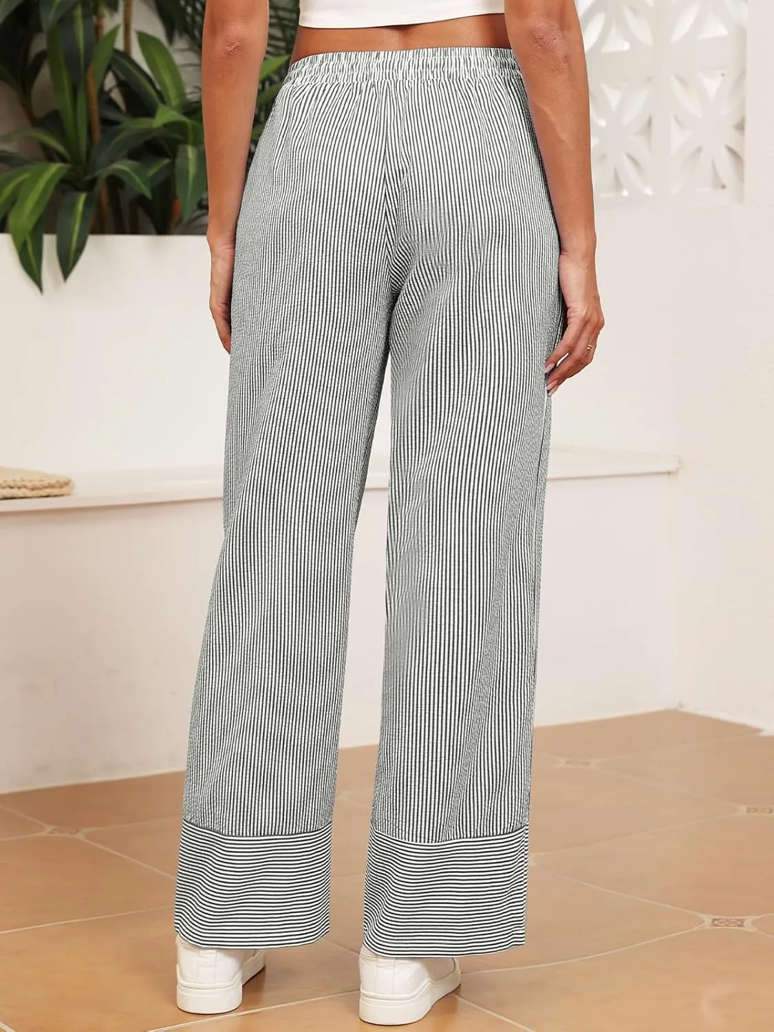 ZAFUL 2025 Womens Striped Linen Pants Cute Vintage Y2K Summer Beach Ankle Pants with Pockets, Comfy PJ Trousers