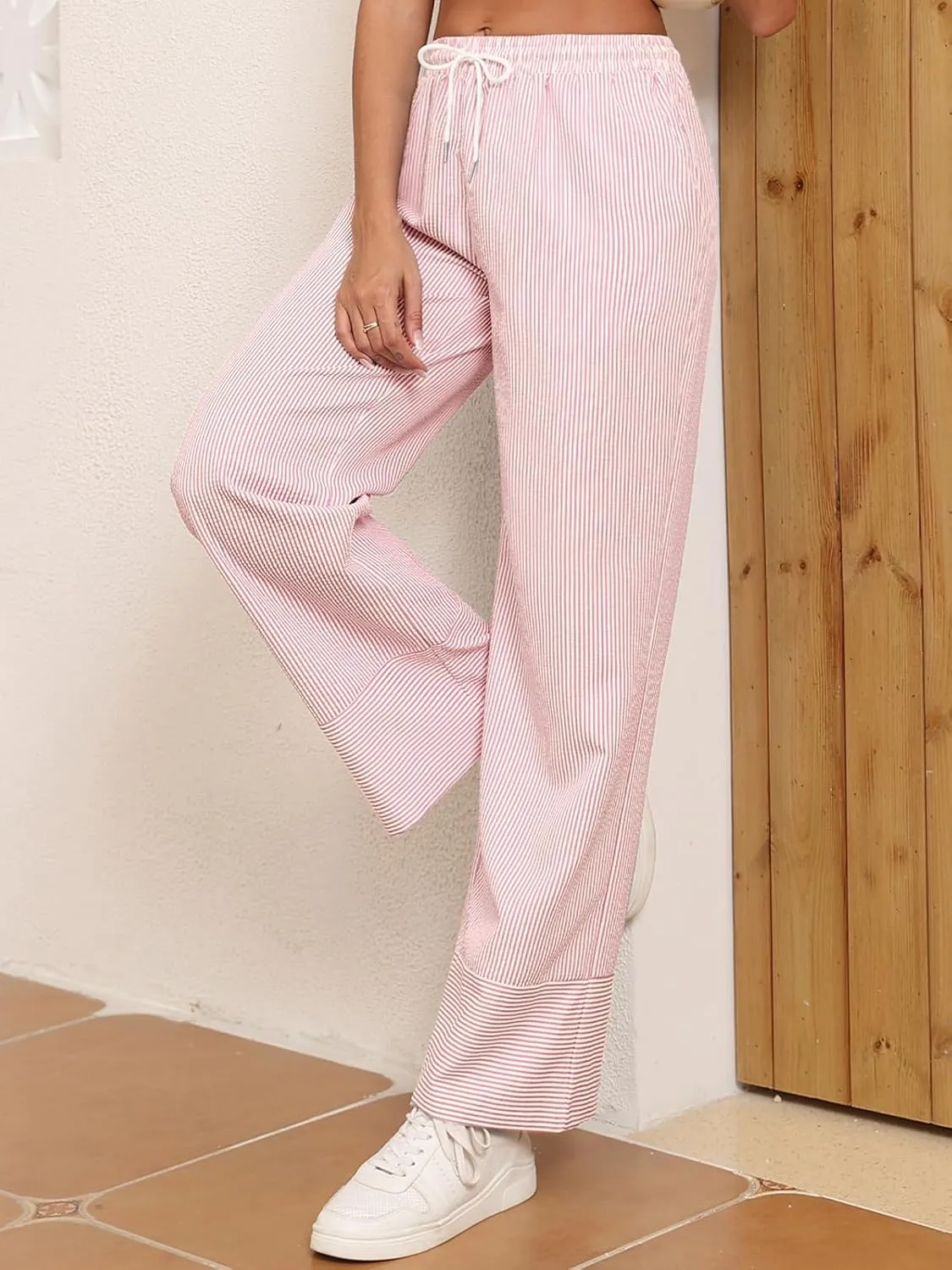 ZAFUL 2025 Womens Striped Linen Pants Cute Vintage Y2K Summer Beach Ankle Pants with Pockets, Comfy PJ Trousers