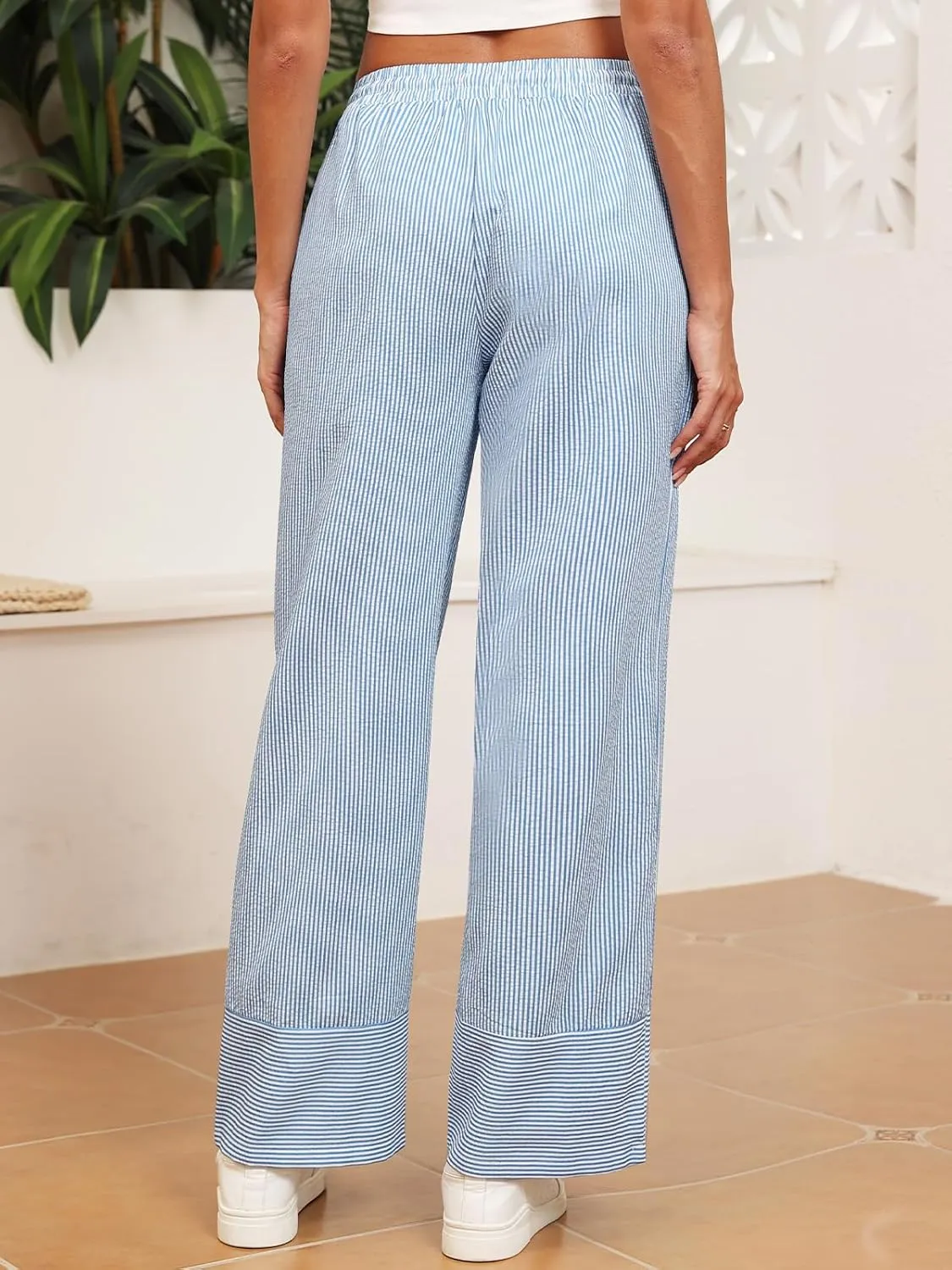 ZAFUL 2025 Womens Striped Linen Pants Cute Vintage Y2K Summer Beach Ankle Pants with Pockets, Comfy PJ Trousers