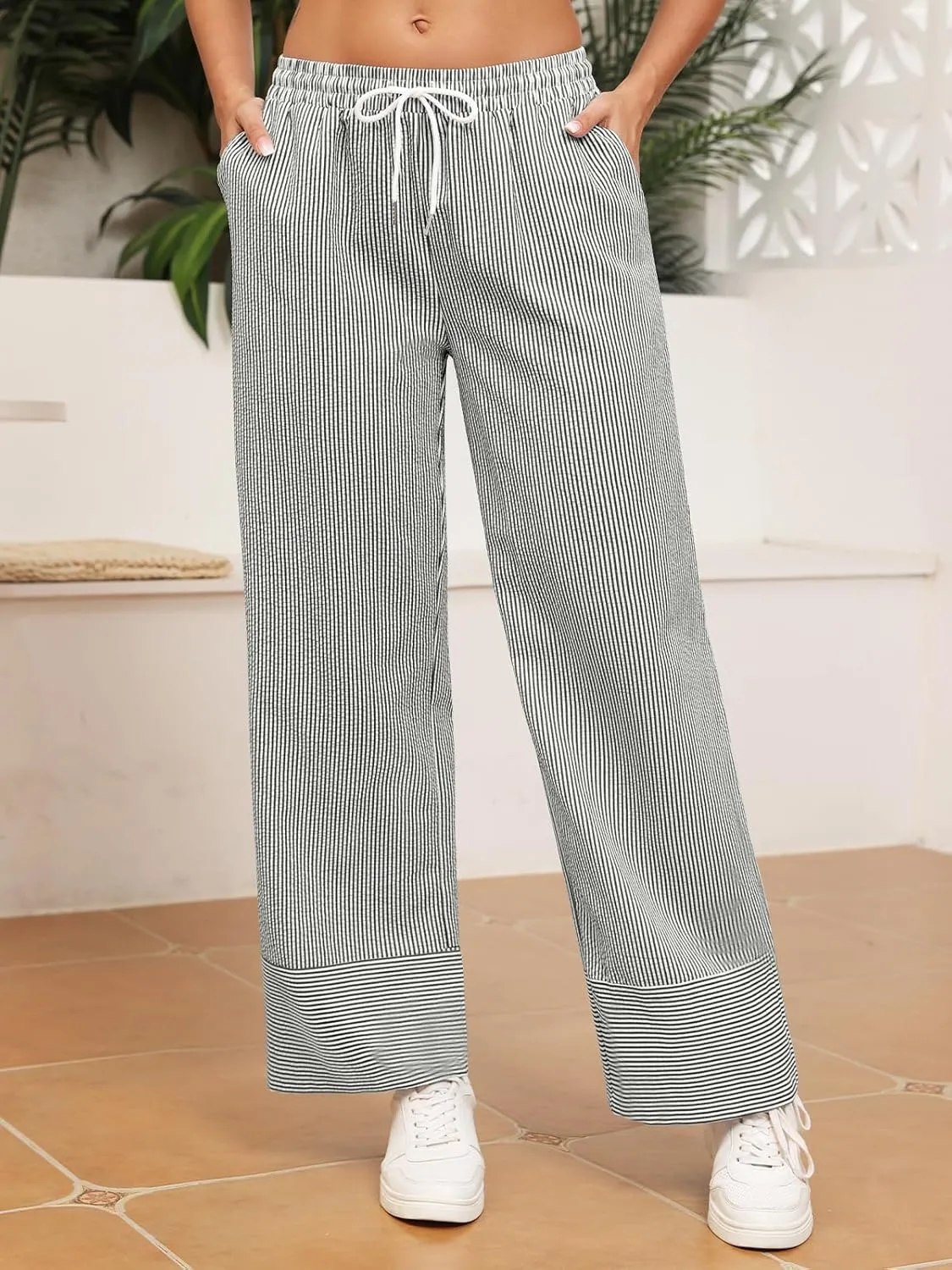 ZAFUL 2025 Womens Striped Linen Pants Cute Vintage Y2K Summer Beach Ankle Pants with Pockets, Comfy PJ Trousers