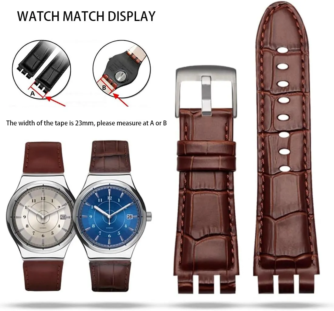 ZHUOLEI SWATCH Cow Leather Stainless Steel Buckle Watch Band with Tool Watch Width 23mm Large Leather Strap Replacement for Men's Swatch YOS440 449 401 447