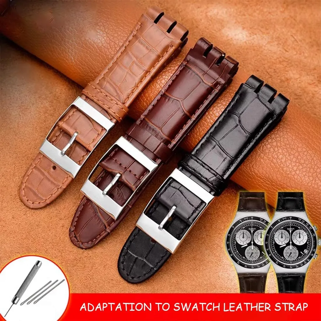 ZHUOLEI SWATCH Cow Leather Stainless Steel Buckle Watch Band with Tool Watch Width 23mm Large Leather Strap Replacement for Men's Swatch YOS440 449 401 447