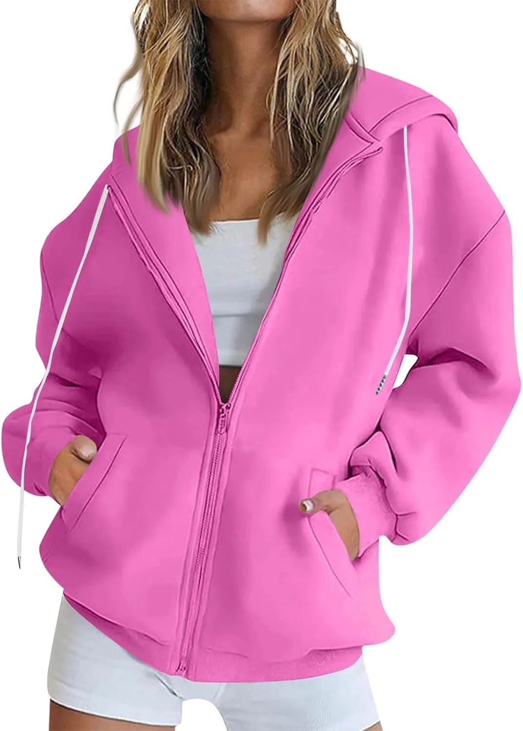 Zip Up Hoodie Women Fleece Oversized Sweatshirt Hoodies Casual Drawstring Hooded Sports Sweat Jackets with Pockets